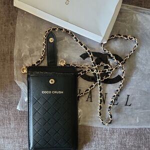 CHANEL Black Coco Crush Quilted Card Holder with Gold Chain